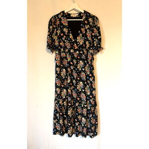 Boden Dress 8 Petite Black Floral Midi Vneck Short Sleeve Aline Cottage Boho